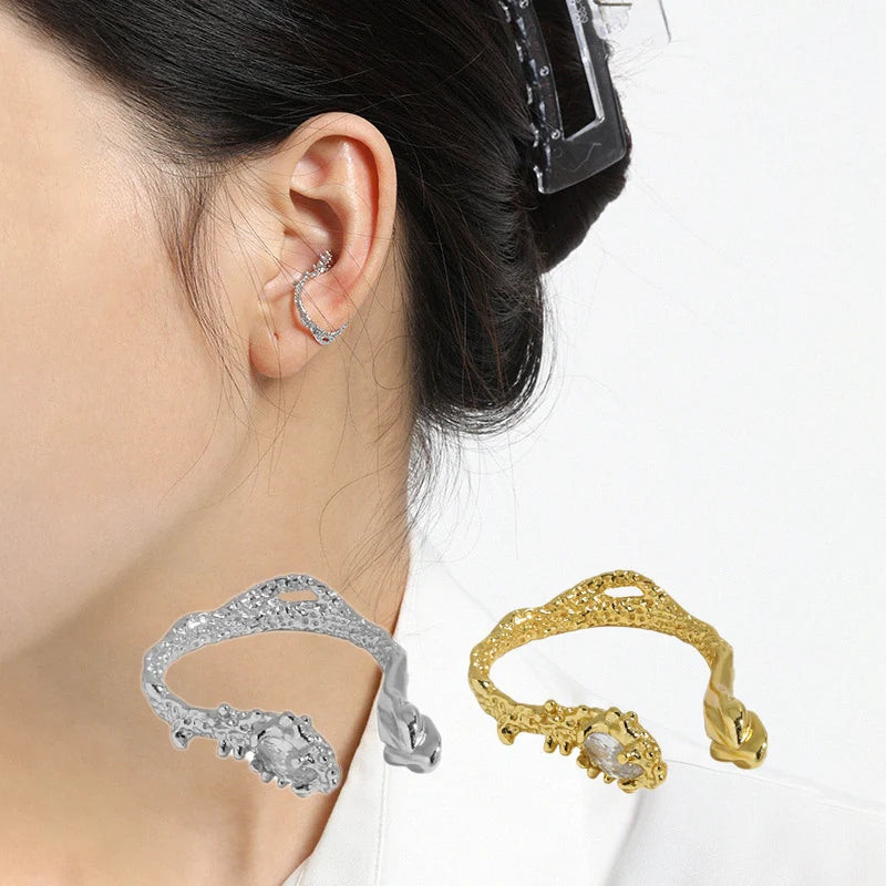 Clip-on Earrings for Women in 925 Sterling Silver a Snake with Micro-inlaid  Zircon Branch Bud Texture No Ear Hole Ear Clip