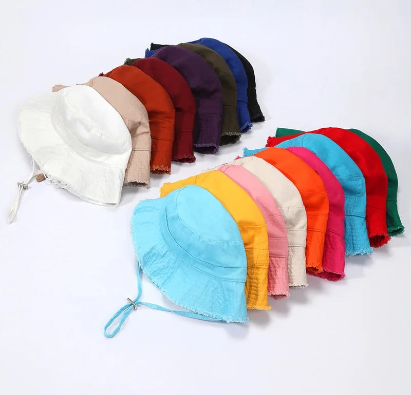Vintage Washed Distressed Raw-edged Bucket Hat Women Outdoor Sun Hat Spring Summer Solid Color Bucket Hat With Windbreak Rope