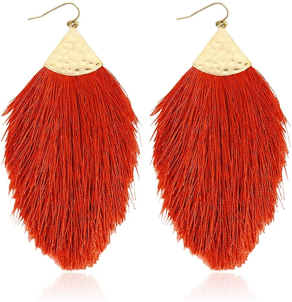 New Alloy Cotton Thread Colorful Women Earrings Bohemian Feather Shape Dangles Earrings Fan Fringe Tassel Earrings