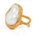 French Big Baroque Pearl Rings Jewelry Vintage 18K Gold Plated Stainless Steel Irregular Geometric Open Rings for Women