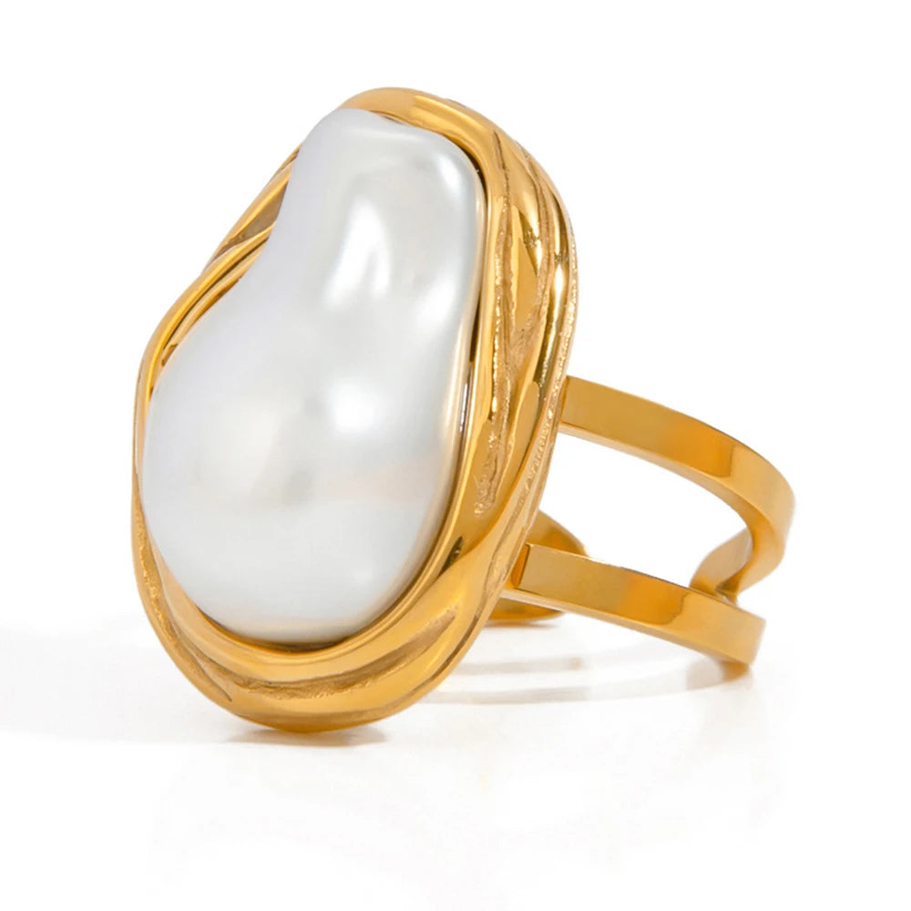 French Big Baroque Pearl Rings Jewelry Vintage 18K Gold Plated Stainless Steel Irregular Geometric Open Rings for Women