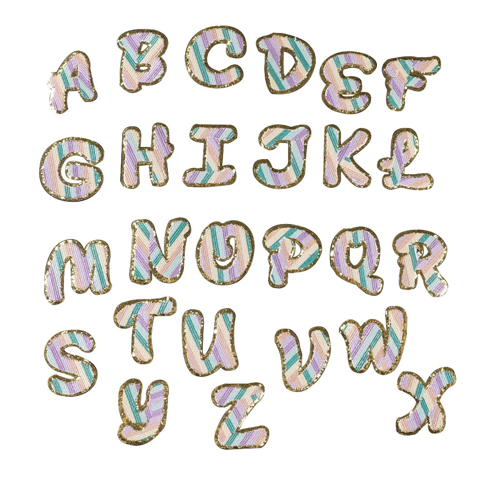 Hot Sale New A-Z Alphabet 5.5cm Gold Glitter Margin Stripe Pattern Iron on Embroidery Letter Patches