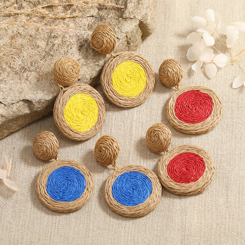 Boho Geometric Cartoon Creative Women Handmade Earrings Woven Big Round Statement Drop Earrings