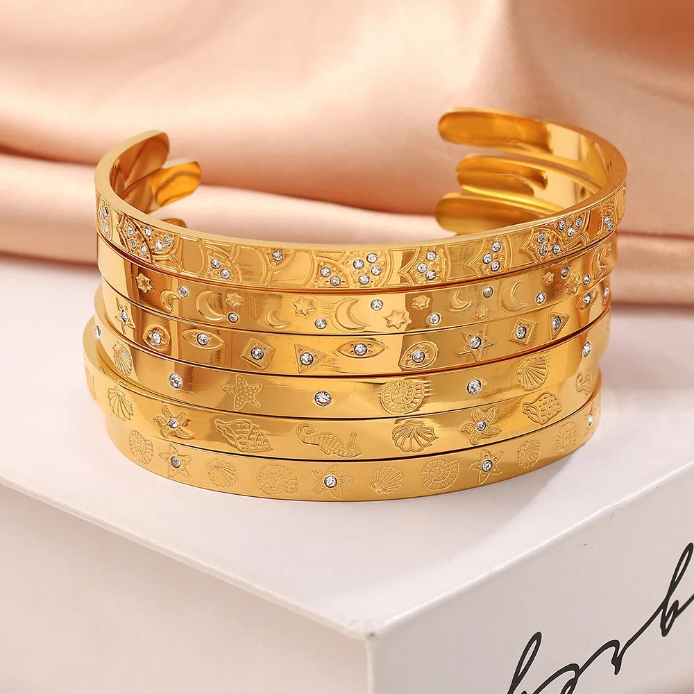 18K Gold Plated Stainless Steel Fashion Jewelry Waterproof Non Star Round Cubic Zirconia Conch Opening Bangles Bracelets Women
