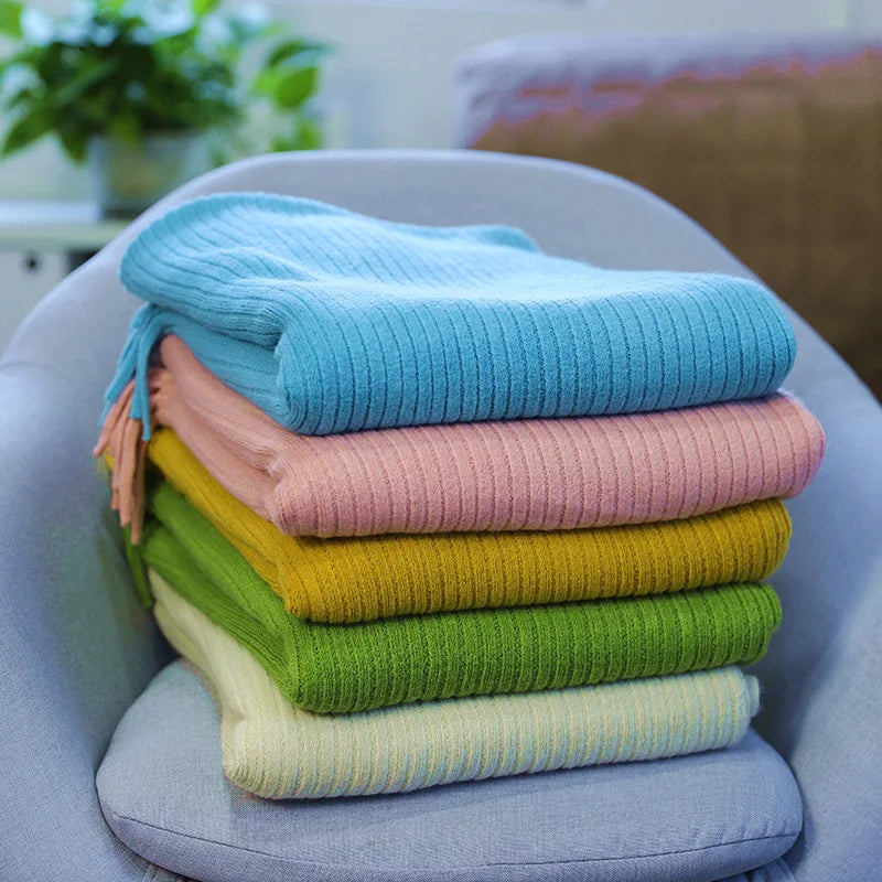 Manufacturer Comfortable Soft Couch Nap Vertical Lines Solid Color Tassels Acrylic Knitted Throw Blankets