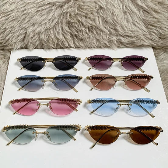 2025 Custom Logo Luxury Fashion Vintage Metal Shades Glasses Rimless Rivet Cat Eye Sun Glasses Women Shades Sunglasses