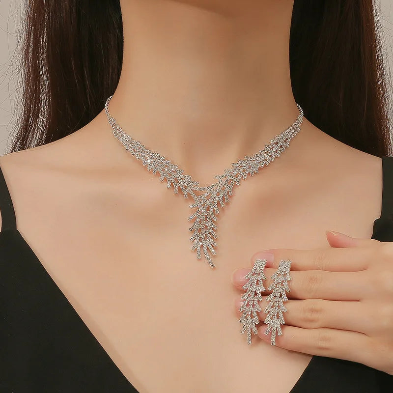 Fashion Wedding Diamond Rhinestone Necklace and Earrings Diamond Bride Necklace Jewelry Set