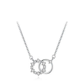 Hot Selling 925 Sterling Silver Rhodium Plated Double Circle Ring Snowflakes Clavicle Chain Necklace Fine Jewelry