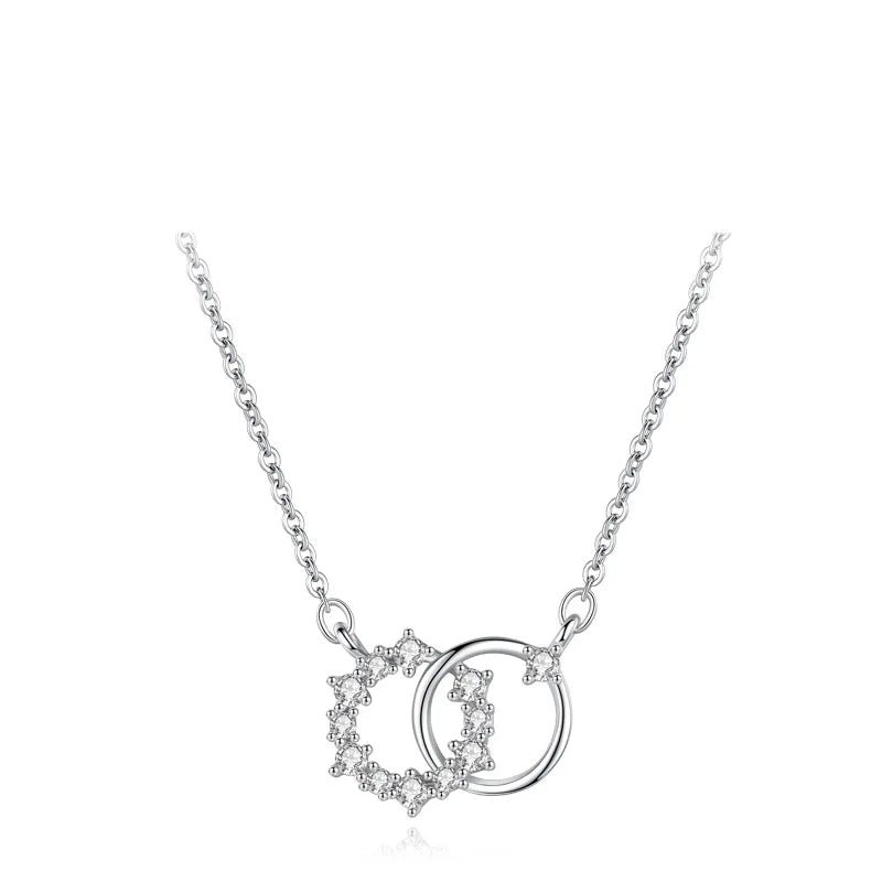 Hot Selling 925 Sterling Silver Rhodium Plated Double Circle Ring Snowflakes Clavicle Chain Necklace Fine Jewelry
