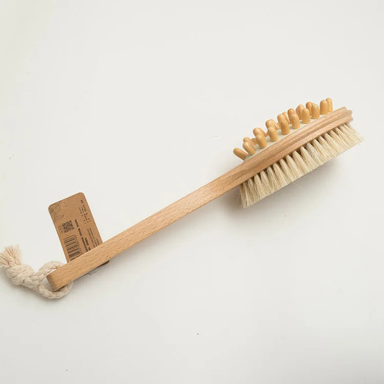 Qusart Hot Sale Dual-Sided Long Handle Bath Shower Brush Dry Skin Exfoliating Wooden Body Scrub Massage Plastic Material