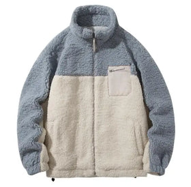 Wool Lamb Jacket Men's Trend Thickened Loose Standing Collar Cotton Jacket Pocket Decor Patchwork Warm Coat