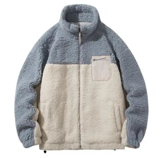 Wool Lamb Jacket Men's Trend Thickened Loose Standing Collar Cotton Jacket Pocket Decor Patchwork Warm Coat