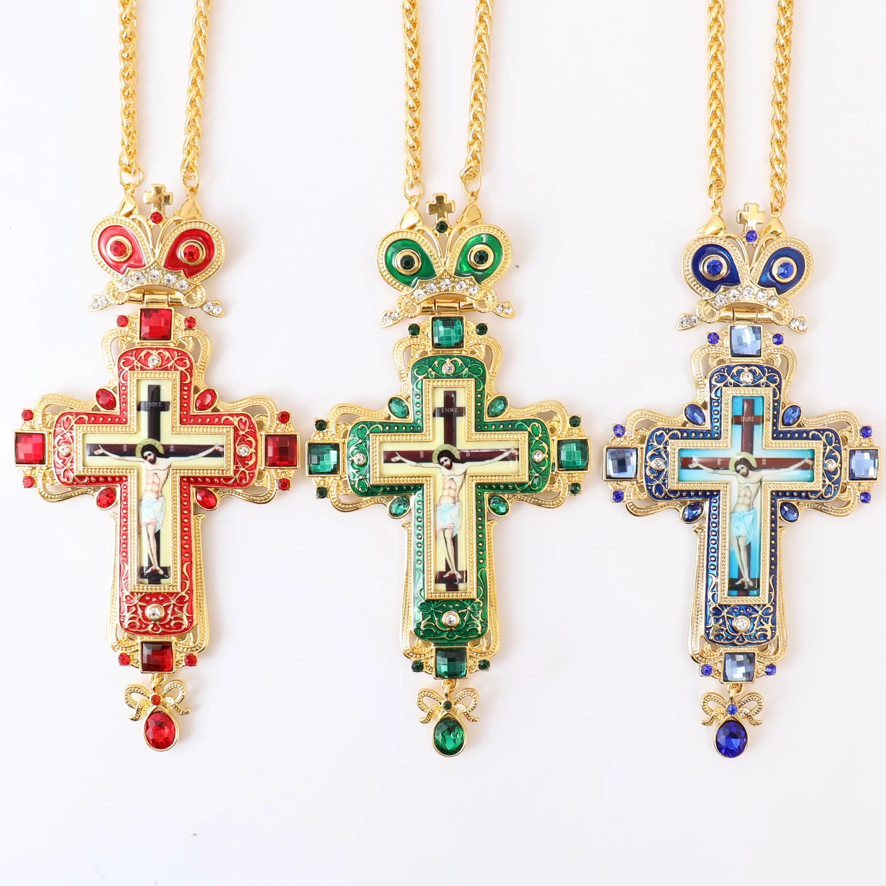 Latest New Orthodox Gold Alloy Jesus Crucifix Icon With Blue Enamel & Diamond Pectoral Cross Necklace