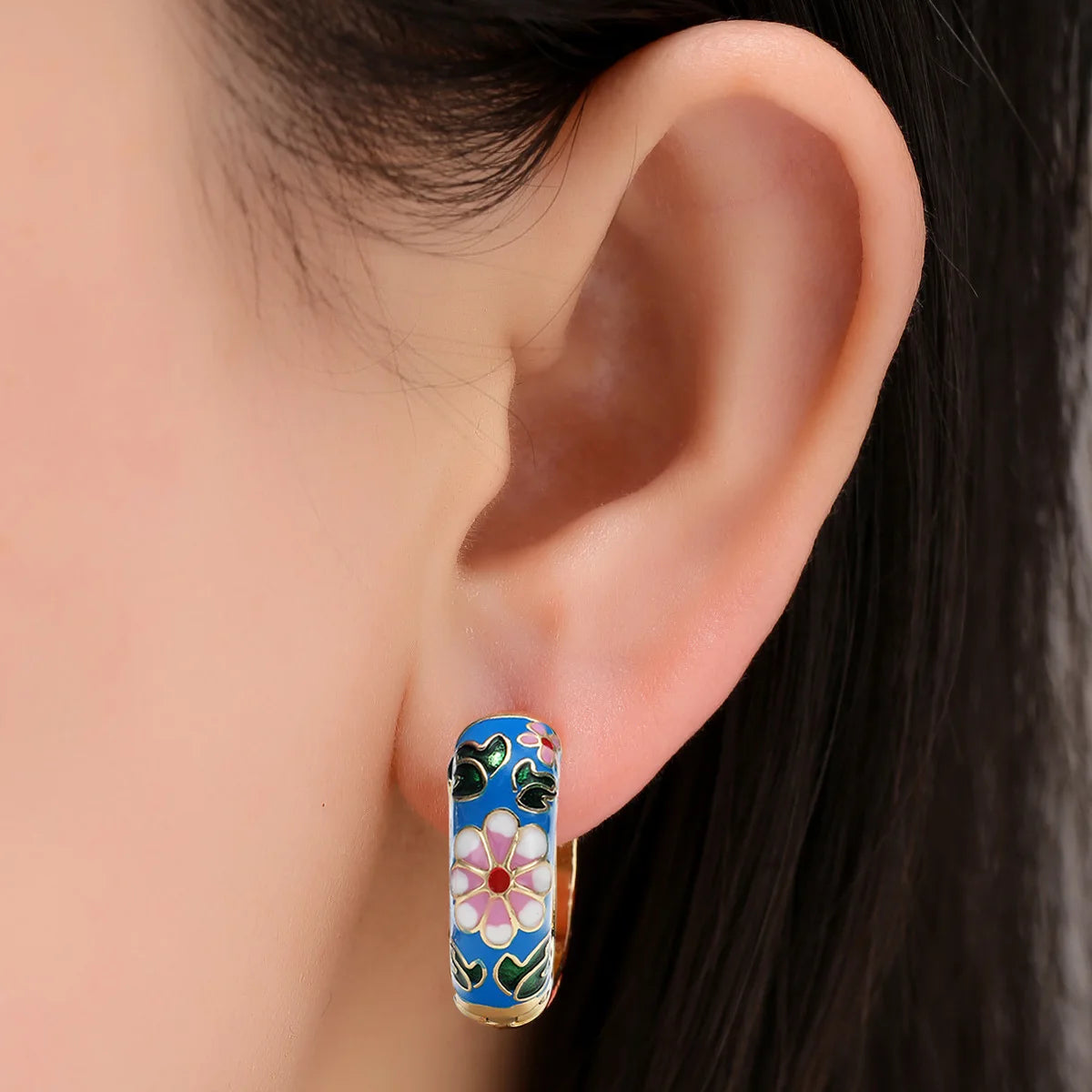 DAIHE Ins Colorful 18k Gold Plated Round Enamel Hoop Earrings Dripping Oil Flower Huggie Earring for Women Jewelry