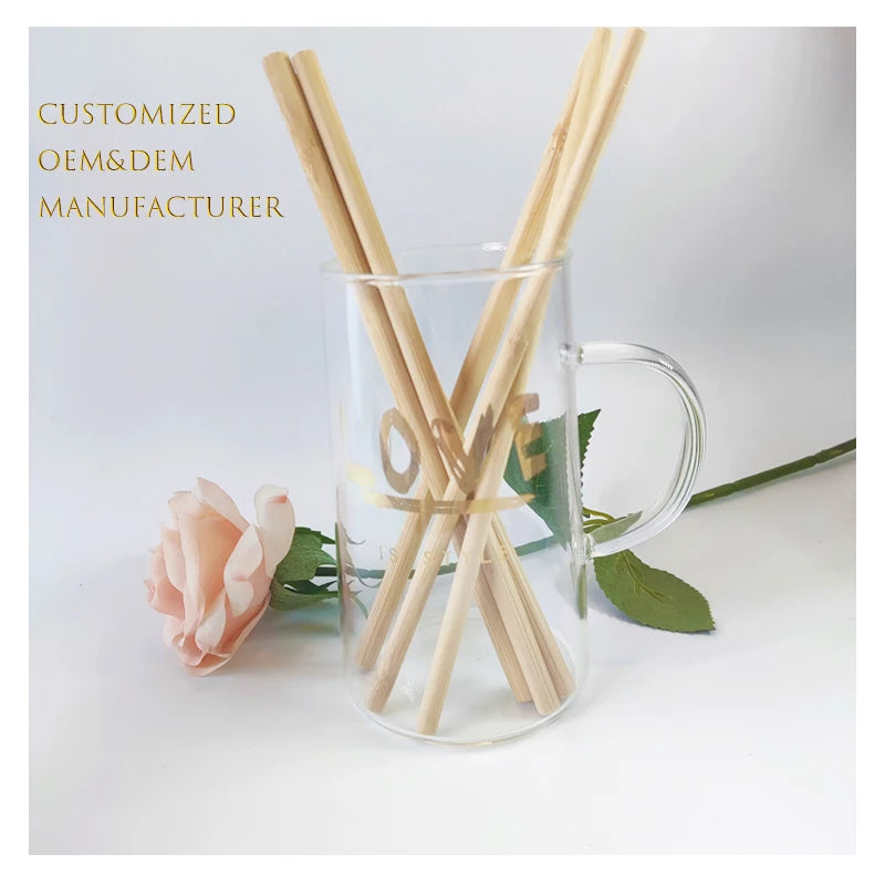 12 Reusable 100% Natural Eco-Friendly Biodegradable Organic Bamboo Drinking Straws Customized Logo Cleaning Disposable Straws