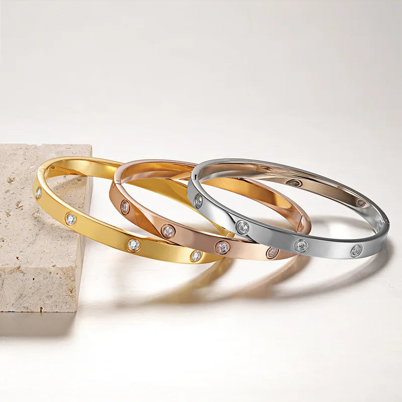 Classic 6mm Titanium Cubic Zircon Bangle Tarnish Free IP 18k Gold No Fade 316L Stainless Steel Diamond Bangle Bracelet for Women