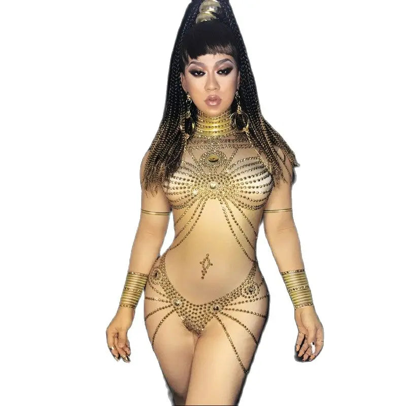 Sexy Nude Stretch Skinny Gold Crystal Rompers Women Egypt Showgirl Dance One Piece Jumpsuit Nightclub Prom Jumpsuits Playsuits