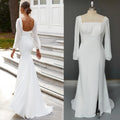 10183#Real Photos Long Sleeves Square Neck Open Back Sheath Chiffon Side Slit Sweep Train Wedding Dress Wedding Bridal Gown