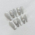 100% Handmade Silver Reusable Press-On Nails Almond Coffin Nail Art Hand-Drawn Cat Eye Gel Metal Flowers ABS False Artificial