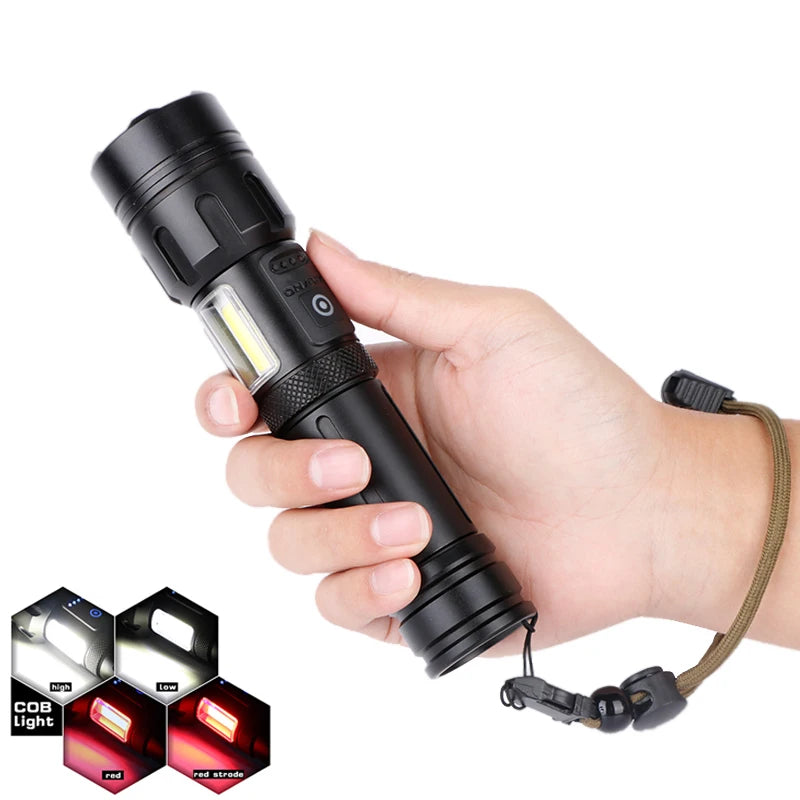 High Power USB Rechargeable XHP90.2 P160 LED Flashlight P90 Torch Light Zoom White Red Lighting IP65 COB Flashlights Power Bank