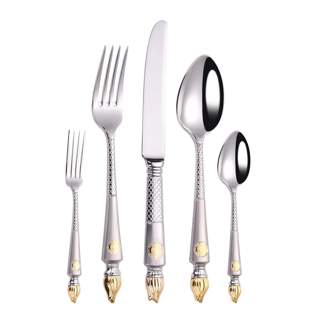 Silver Cutlery Set 304 Stainless Steel for Wholesale with Royal Baroque Style and Flexible MOQ for 100 Sets Boutique Hotels