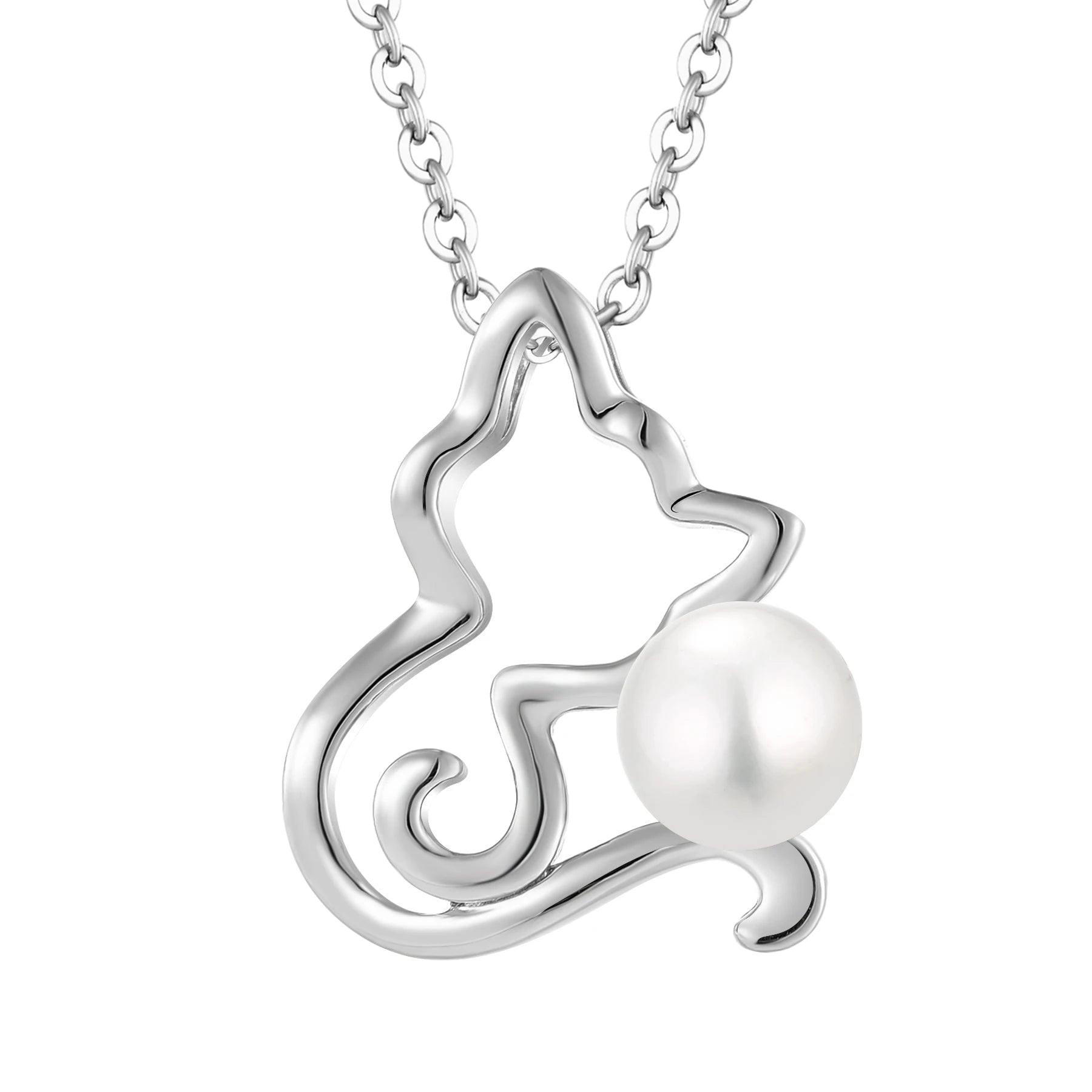YH JEWELLERY Fine Jewelry 925 Sterling Silver Rhodium Plated Zircon Freshwater Pearl Cat Pendant Necklace for Women