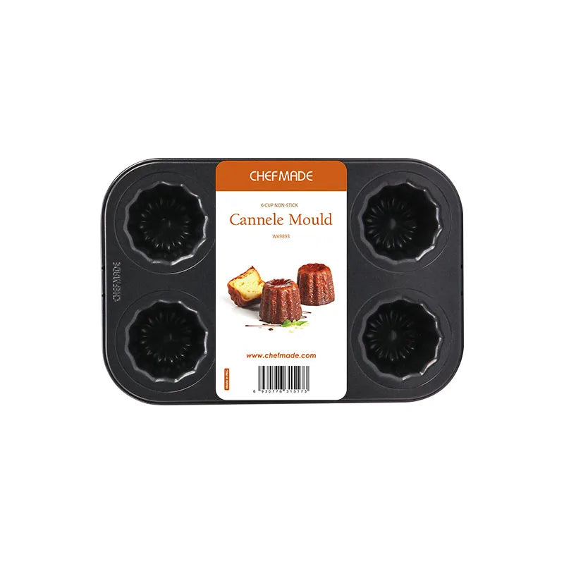 For WK9893 Silver Black 6 Cup Carbon Steel Bakeware Cannele Mould Cake Pan Non-Stick PFOA Free Eco-Friendly for Oven Baking