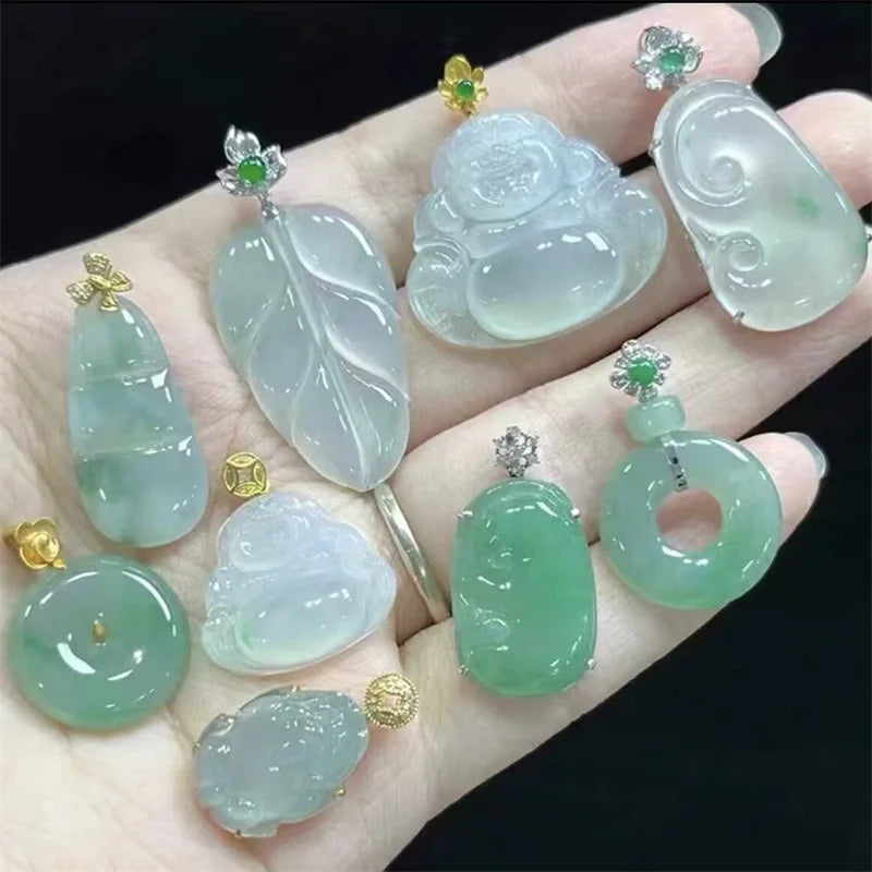Buddha Sun Landscape Dragon Brand Full Green Jade Scupture of Mercy Goddess Leaf Cabbage Floating Flowers Safety Buckle Pendant