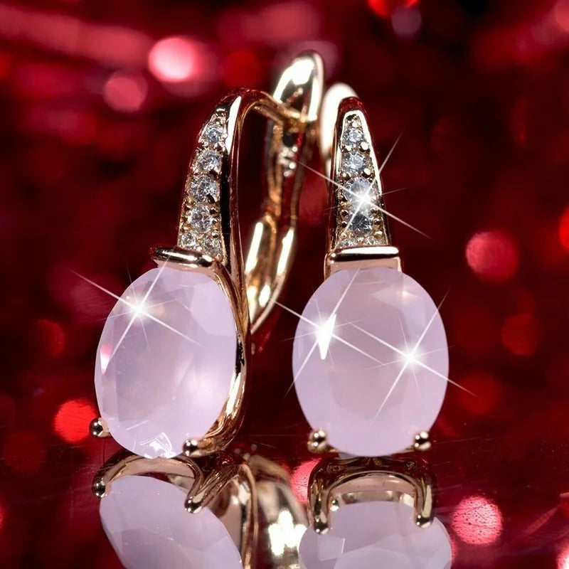 Huitan Beautiful Sweet Big Oval Pink Opal Romantic Hoop Earrings Girls Lady Gold Elegant Earrings Women