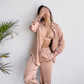 Custom Premium Satin Pajamas for Women Ribbed Relaxed Womens Loungewear 3 Pcs Sets Pajamas for Women Set Sleepwear