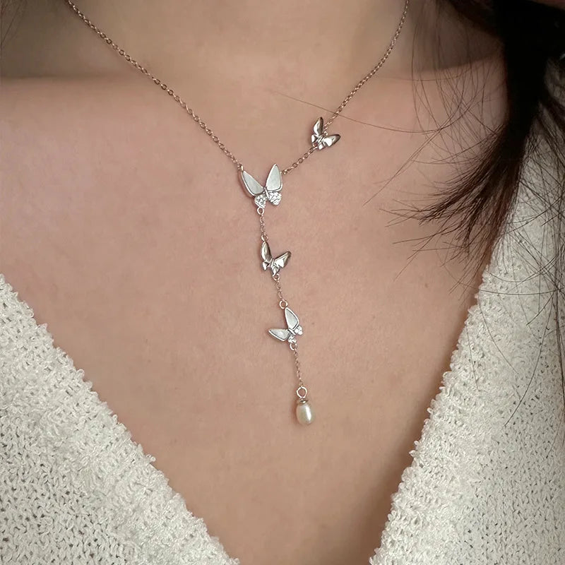 925 Sterling Silver butterfly Y Necklace Mother of Pearl with Cz butterfly Necklace Charm Tassel Necklace