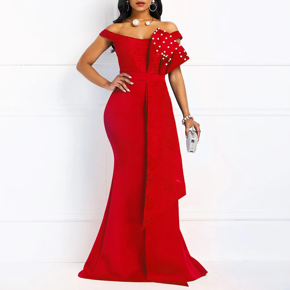 New Arrival Lace Slash Neck Composite Front Neck Handmade Ruffle Nail Beaded Luxury Evening Dresses Party Dress