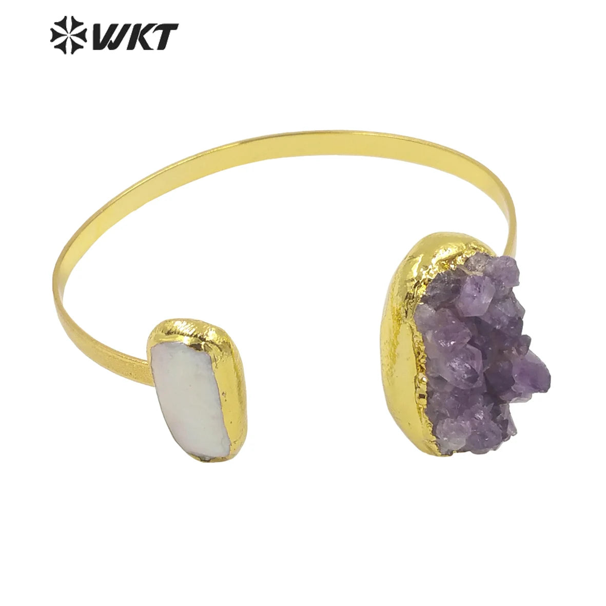 WT-B582 WKT Beautiful and Attractive Gold Electroplated Open Size Cuff Bangle Women Exquisite Natural Gemstone Amethyst  Bangle