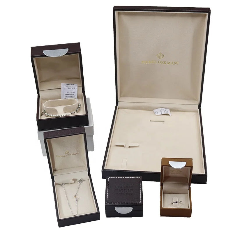 Brown High Quality PU Leather Velvet Handmade Luxury Rectangle Jewelry Packaging Box Custom Logo for Necklace Ring Earring