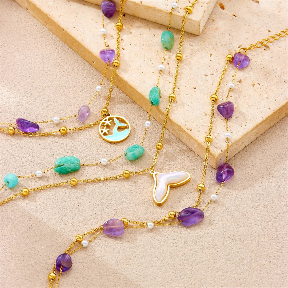 Marine Style Stainless Steel Double Layer  Beach Anklet 18k Gold Plated Natural Stone Chain Anklet for Women