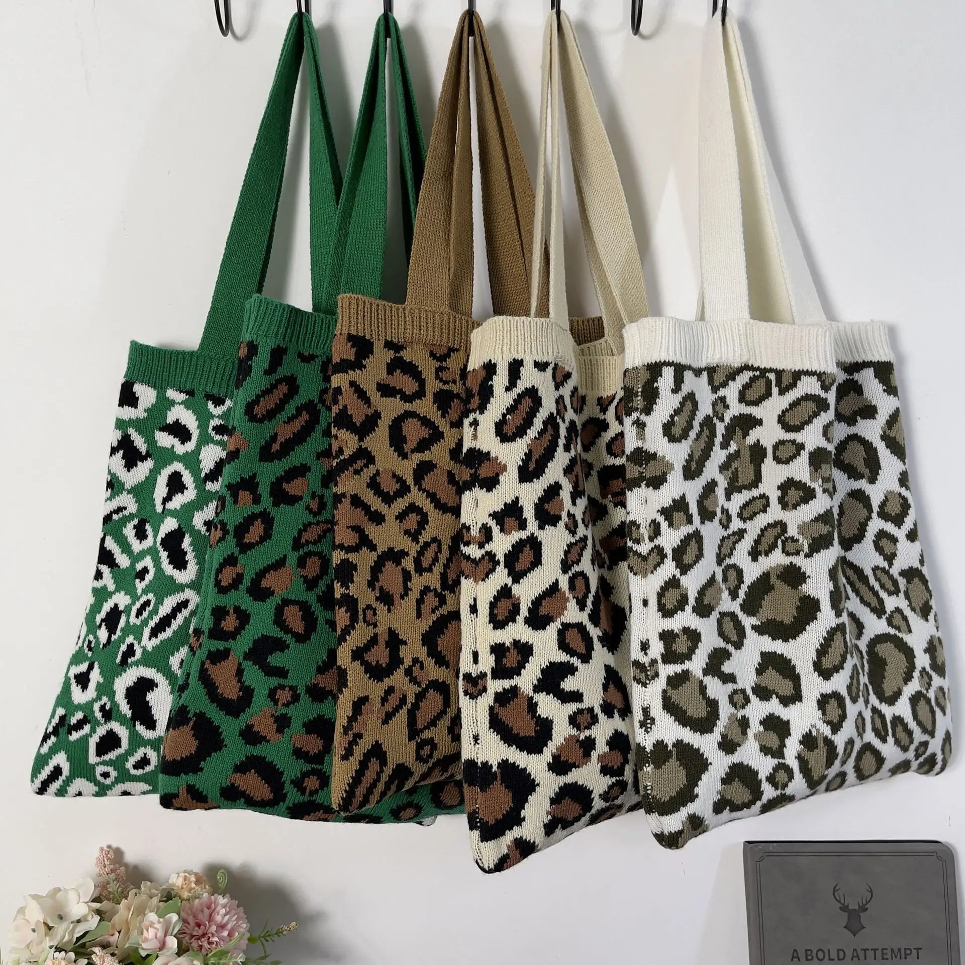YIMYIK Ins New Style Designer Tote Bag Brown Leopard Pattern Knitted Quality Shoulder Bag