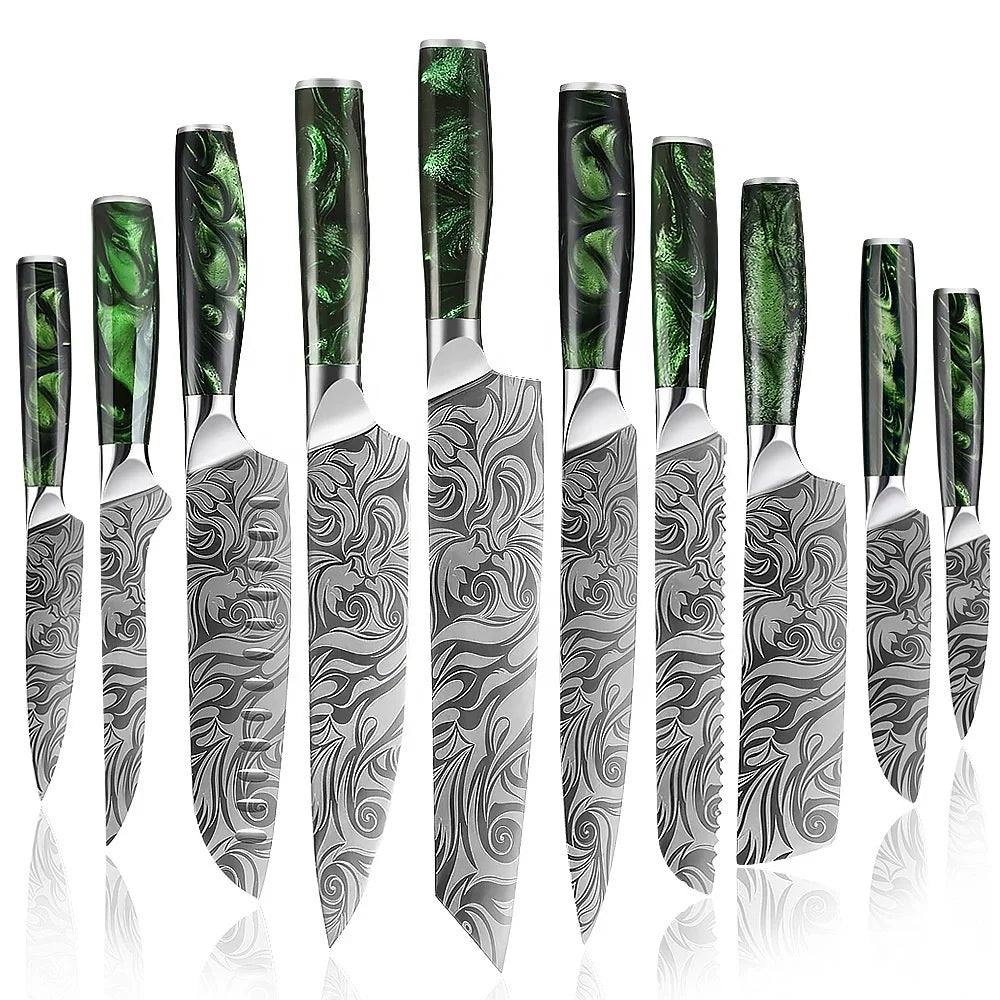 Chef Knife Green Resin Handle Kitchen Knife Cleaver Laser Damascus Pattern 5cr15 Stainless Steel Modern 1~10 Pcs Set Color Box
