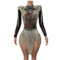 Sexy Perspective Crystal Fringes Short Jumpsuit Stage Performance Costume Night Club Leotard Rhinestone Bodysuit