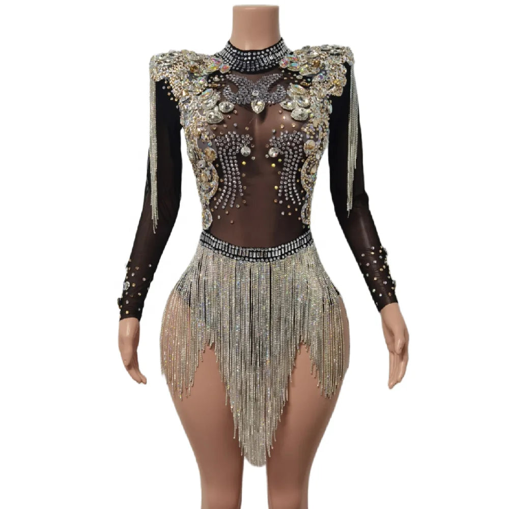 Sexy Perspective Crystal Fringes Short Jumpsuit Stage Performance Costume Night Club Leotard Rhinestone Bodysuit