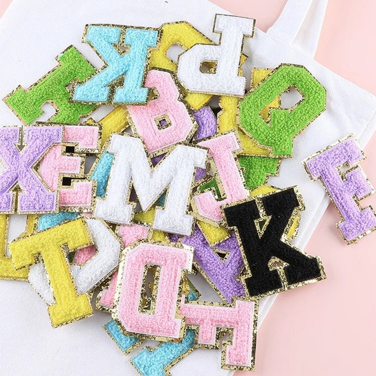 Factory Sale Glitter Garment Accessories 5.5cm 8cm Chenille Embroidery Iron on Embroidery Alphabet Letter Patches
