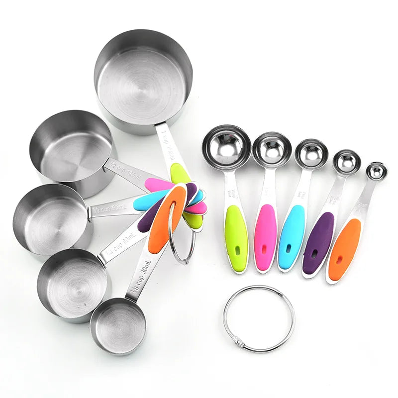 10-Piece Stainless Steel and Silicone Measuring Cups and Spoons Set for Cooking Baking Kitchen Gadgets for Home Use