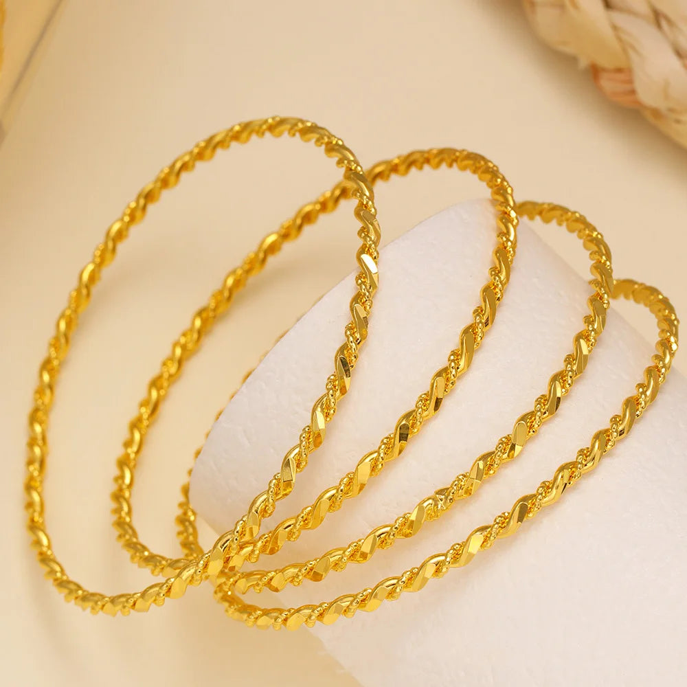 24K Yellow Gold Plated Twisted Classic Charm Bracelet Fashion Thin Bangle Jewelry Gift for Women