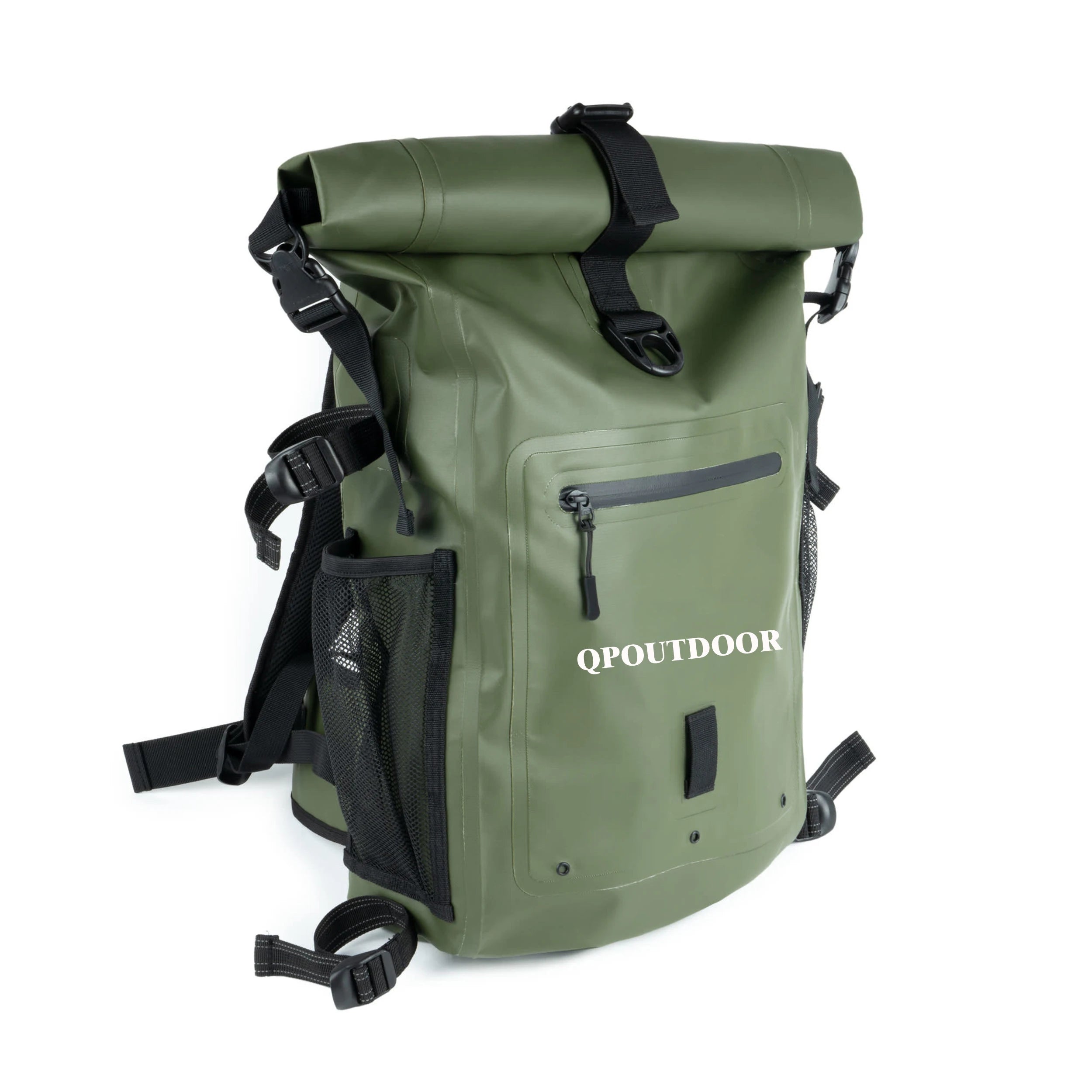 OEM ODM Heavy Duty 100% Waterproof PVC Tarpaulin Roll Top Backpack 25L Green Hiking Back Pack with Zipper Pocket Open Closure