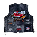 American Cool Men's Breathable V-neck Motorcycle Retro Punk Style Pure Black Spring Sleeveless Sheepskin Leather Vest Embroidery