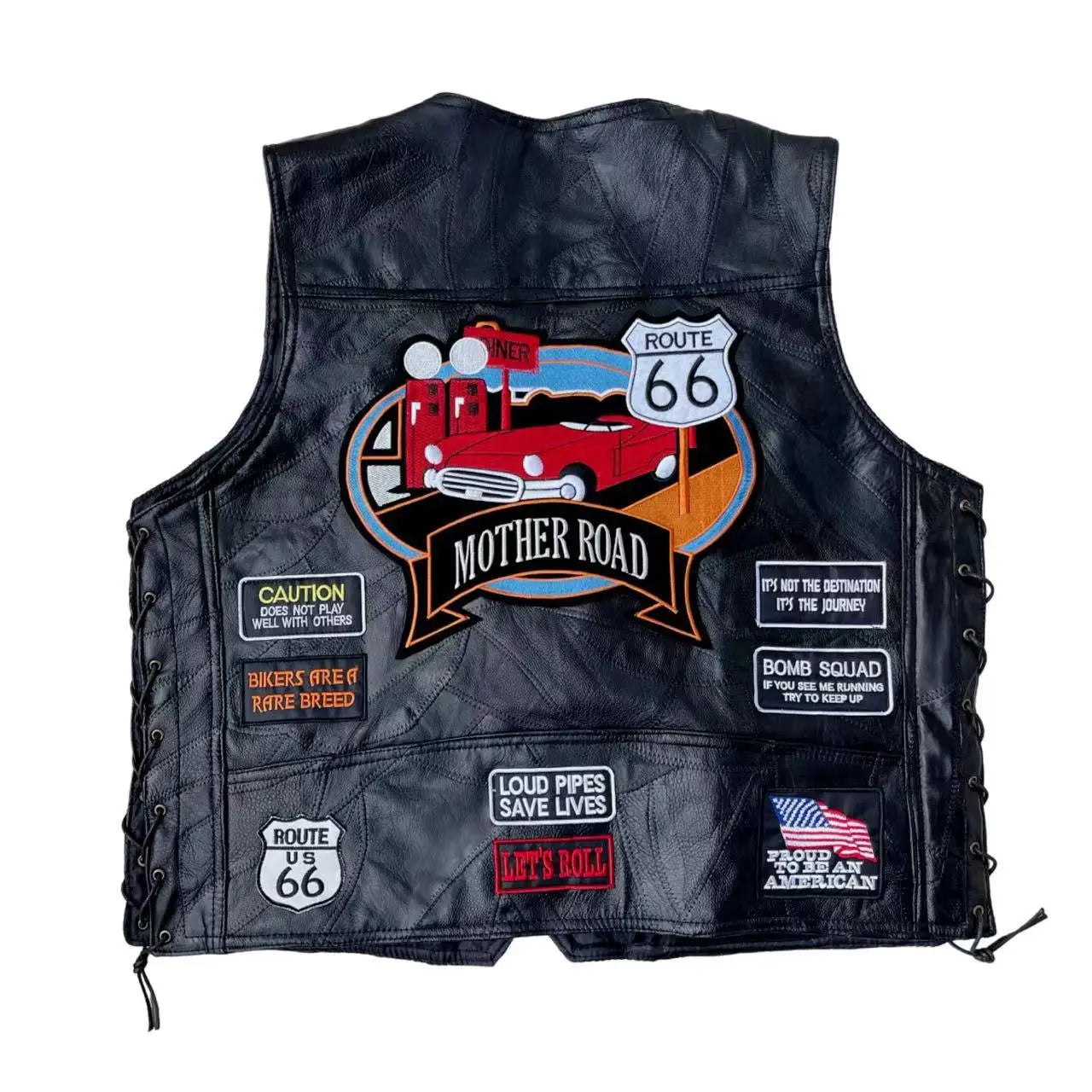 American Cool Men's Breathable V-neck Motorcycle Retro Punk Style Pure Black Spring Sleeveless Sheepskin Leather Vest Embroidery