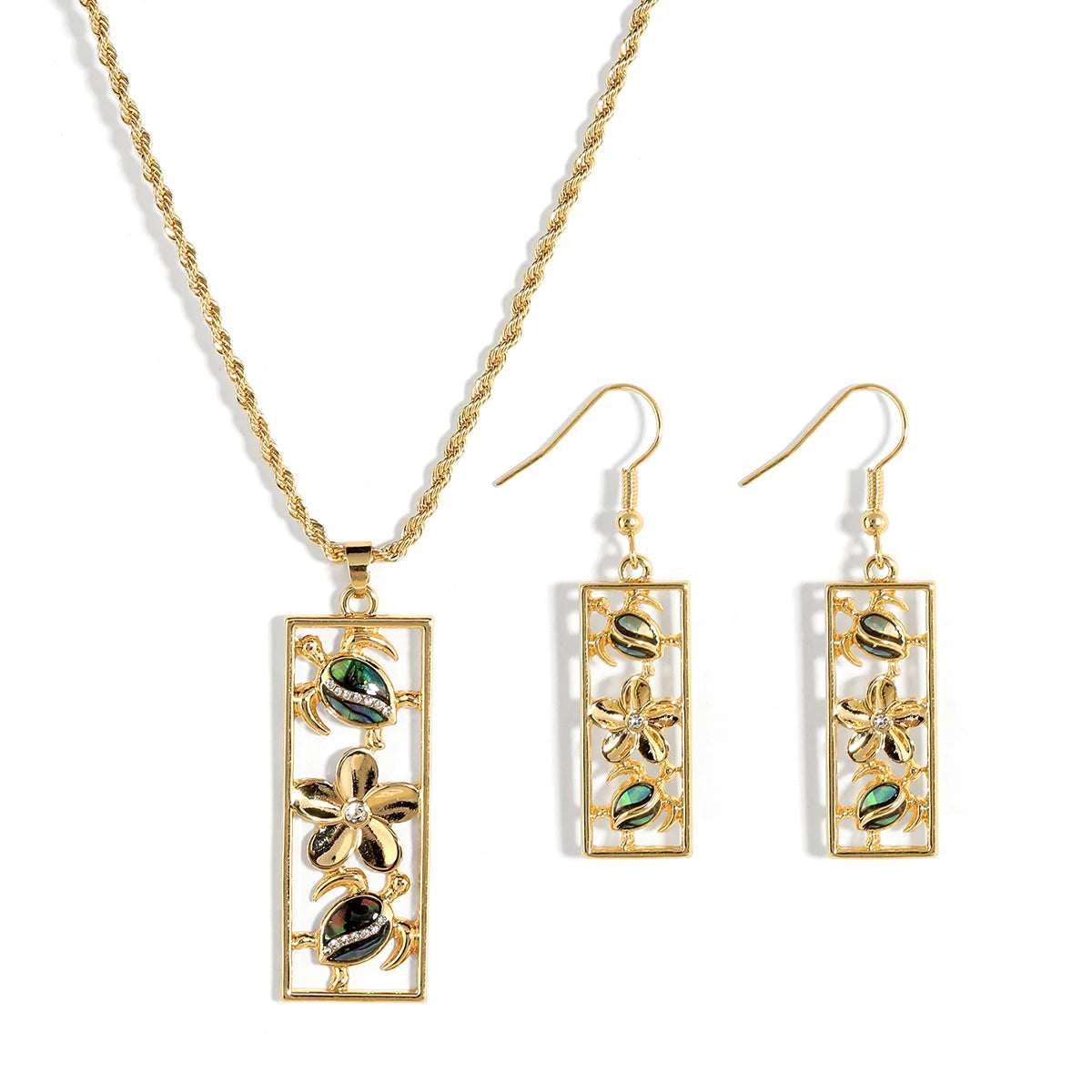 Hawaiian Samoa Boho Vintage Style Jewelry Turtle Design Rectangular Pendant Necklace Earrings Set Women
