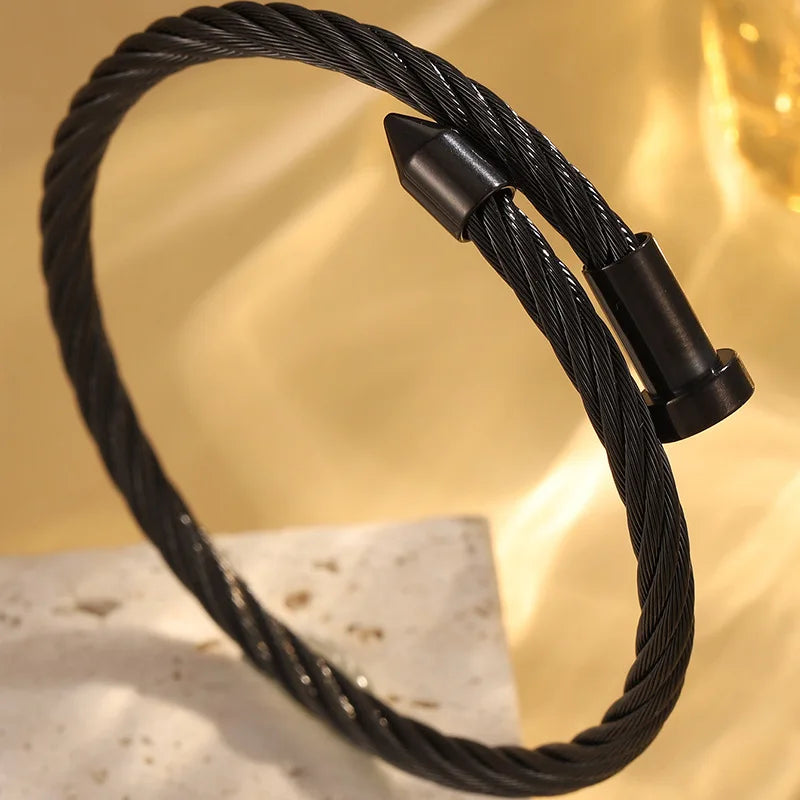European and American Punk Fashion Bracelet Open Wire Design Black Stainless Steel Nail Bangles Statement Jewelry