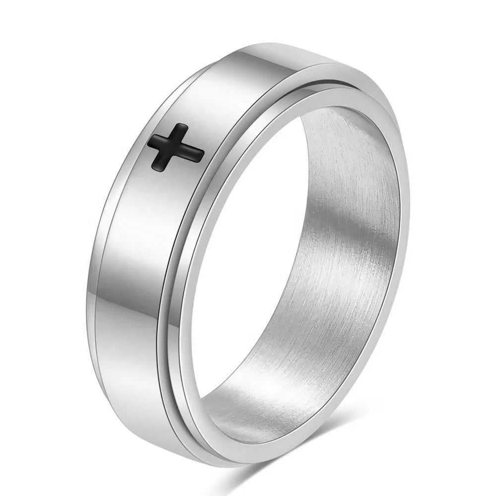MECYLIFE Stainless Steel Fidget Jewelry Rings Unisex Christian Cross Ring Fashion Rotatable Ring