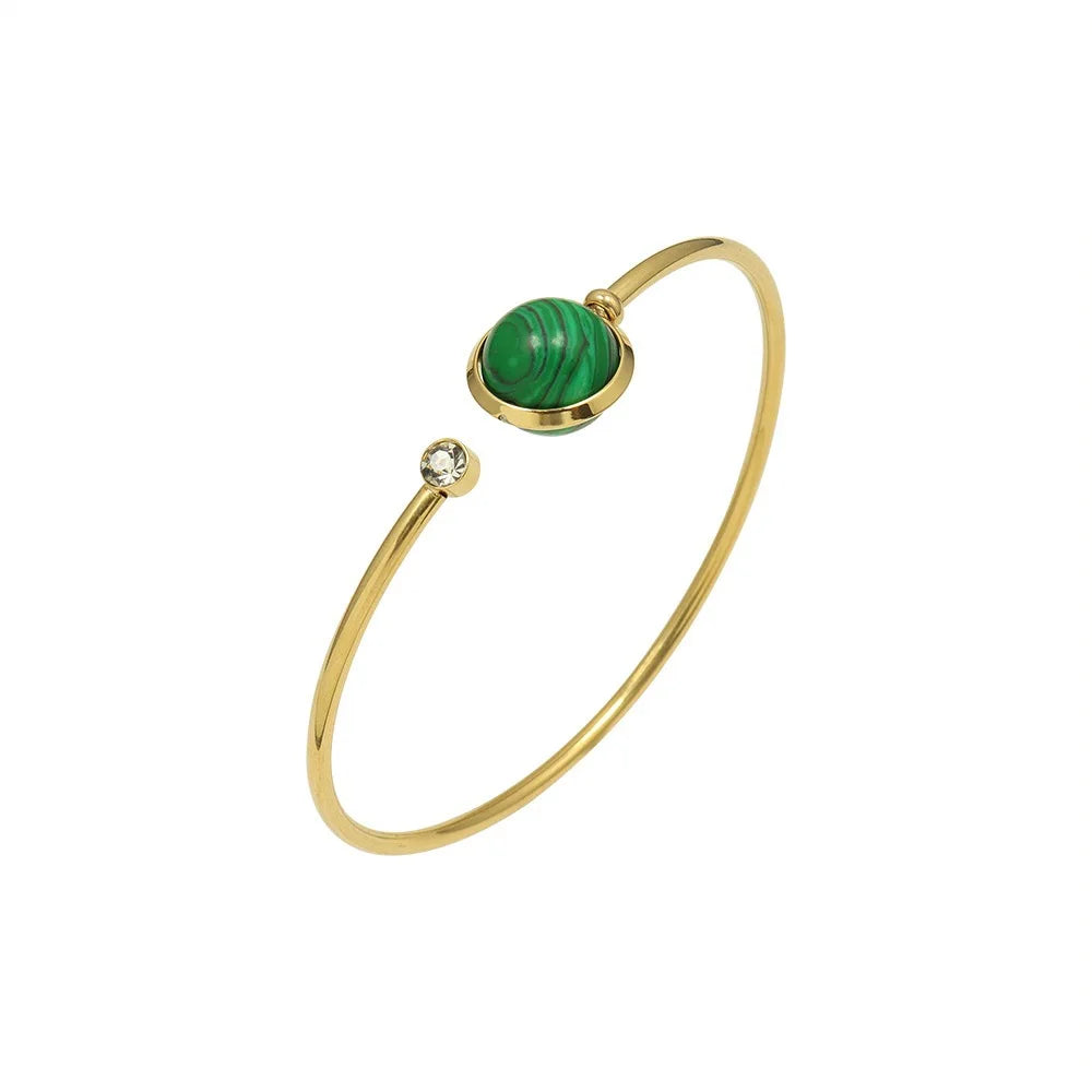 New Design 18K Gold Plated Women'S Golden Jewelry Stainless Steel Turquoise Round Ball Planet Zircon Flexible Wire Bracelet