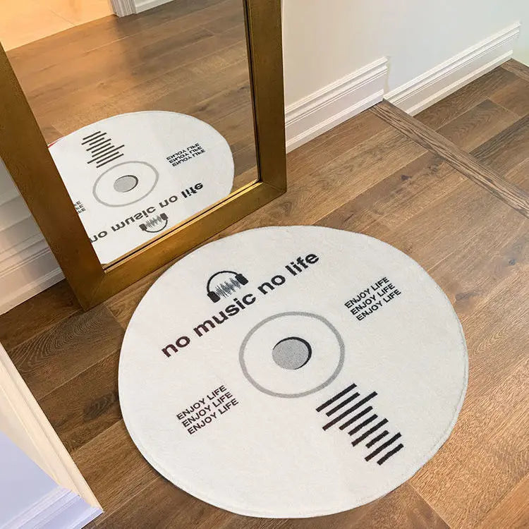 Retro Music Disc Pattern Carpet Rug Soft Round White Blanket with Non-slip CD Area Mat Abstract Machine Made Design